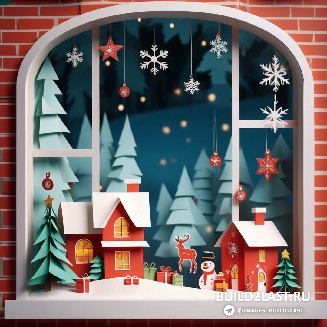 окно с рождественской сценой и снеговиком