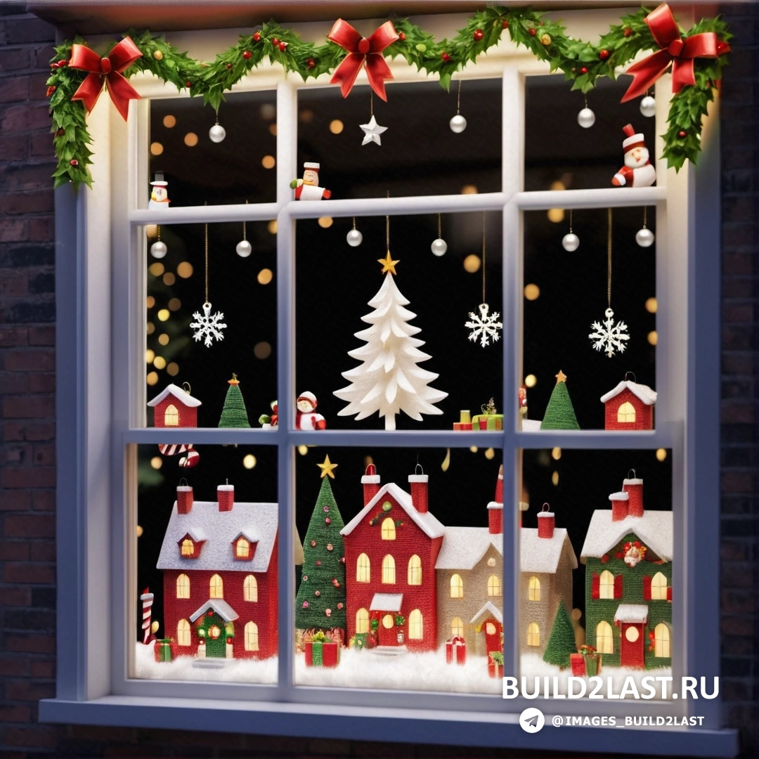 окно с рождественской сценой, рождественская елка за окном и красная лента, свисающая из окна
