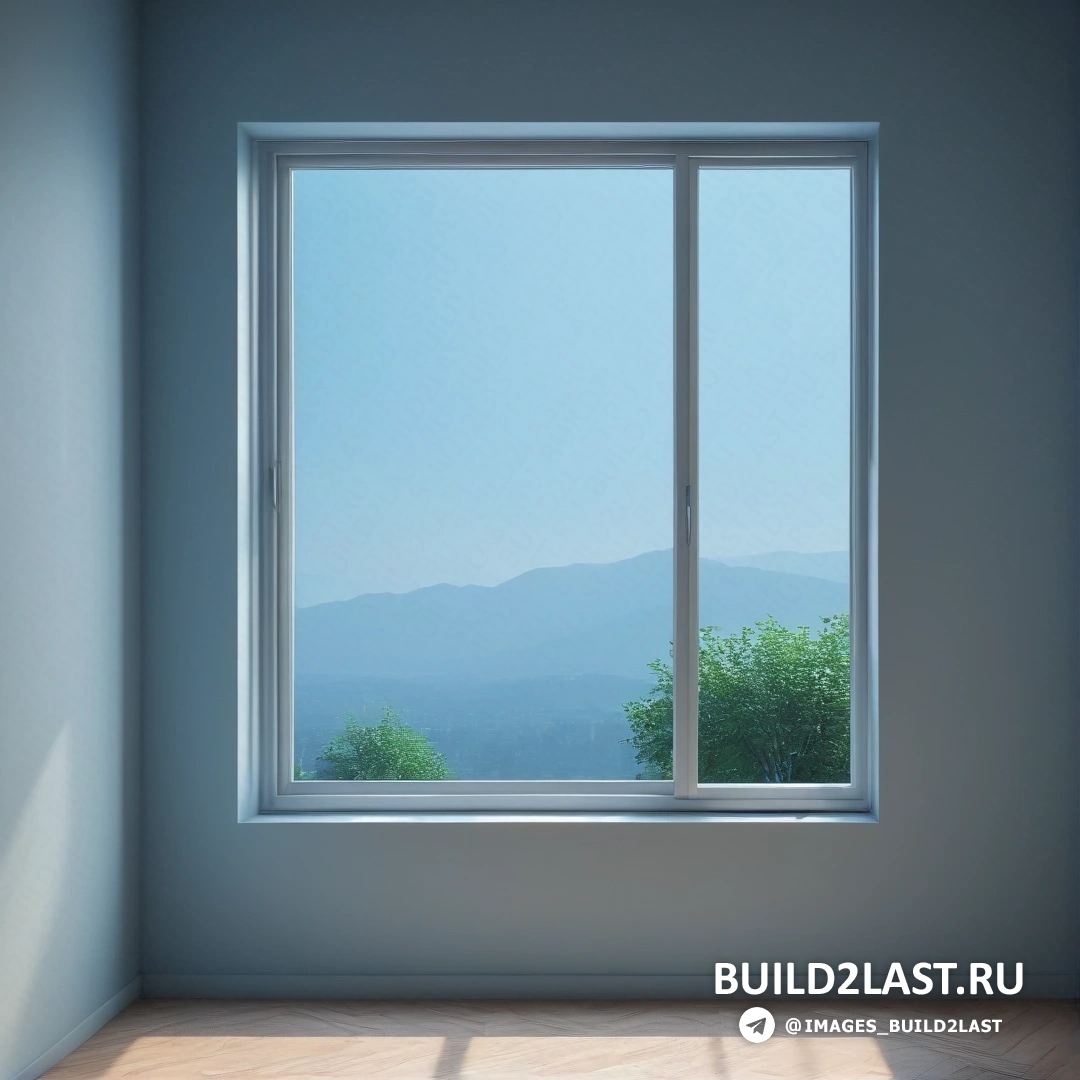 Минимализм - 3D визуализация. Окно с видом на горный хребет за ним в комнате с деревянным полом