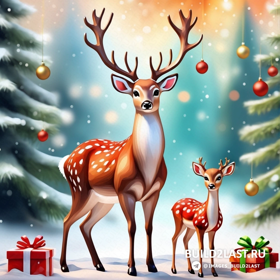 олень и олененок стоят перед рождественской елкой с подарками и на заснеженном фоне