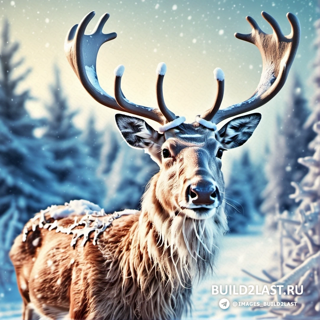 олень с рогами, стоящий в заснеженном лесу с деревьями и снежинками на голове