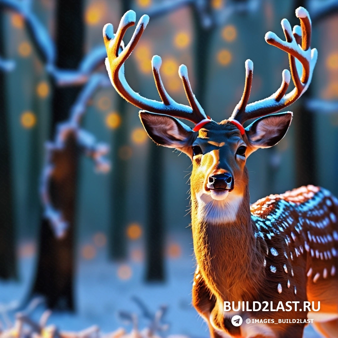 олень с рогами, стоящий в снегу на фоне леса с огнями и деревьями