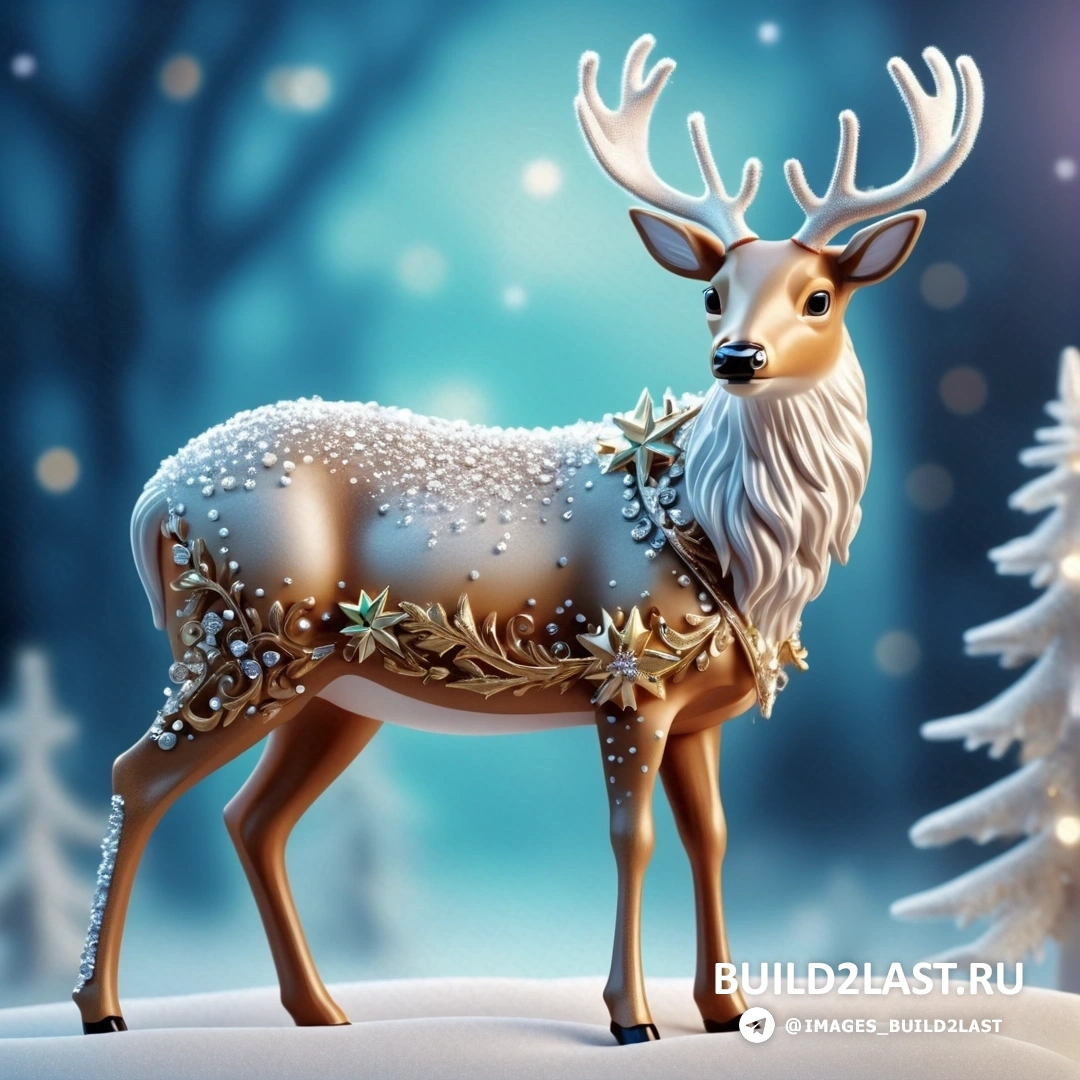 олень с рождественским венком на рогах стоит среди заснеженного пейзажа с деревьями и снежинками
