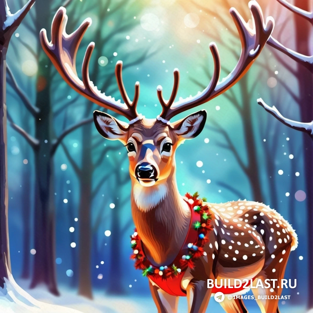 олень с рождественским венком на шее стоит в снегу перед заснеженным лесом
