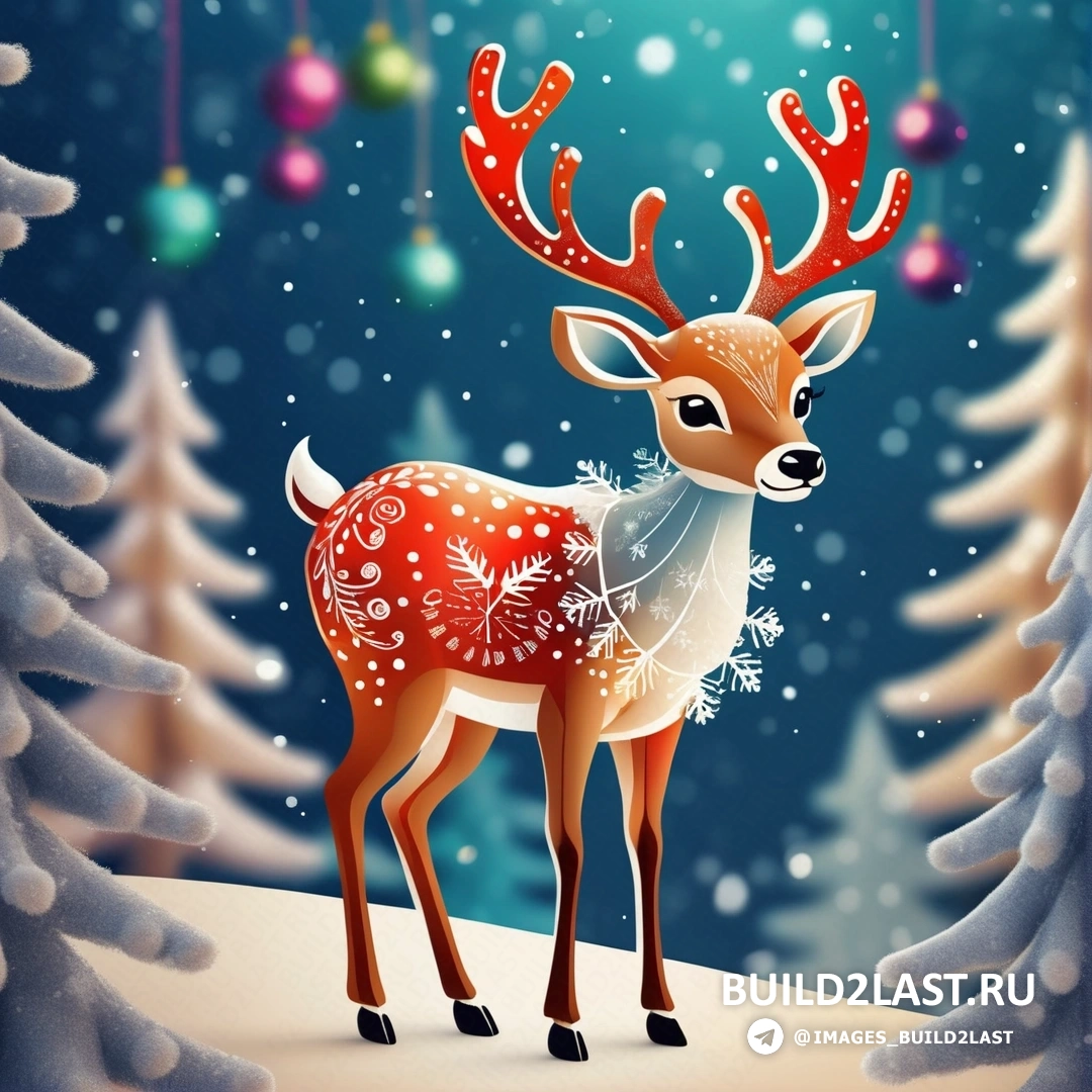 олень, стоящий на снегу, с рождественскими украшениями на рогах и синим фоном с деревьями и снегом