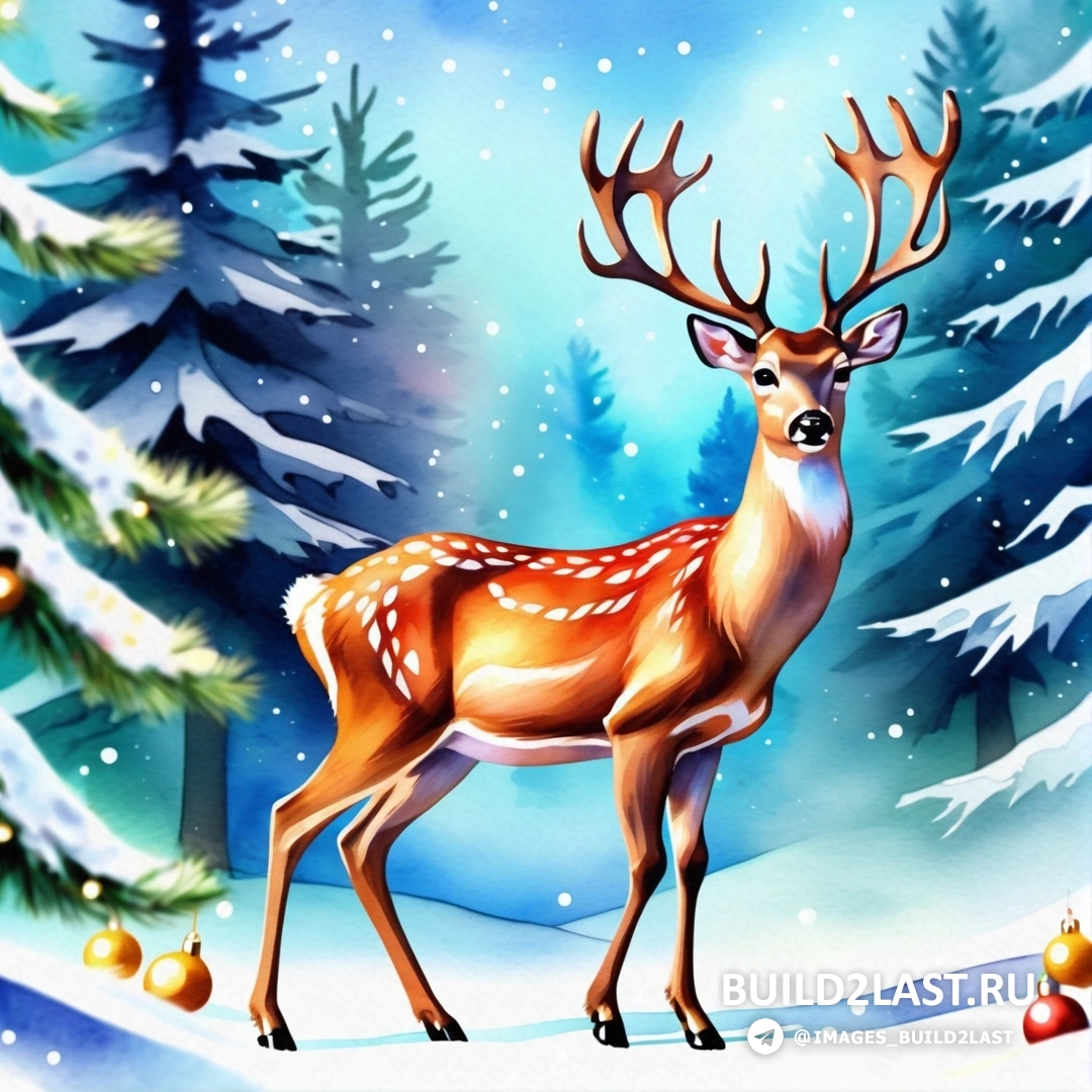 олень, стоящий на снегу с рождественскими украшениями на шее и рогами на спине
