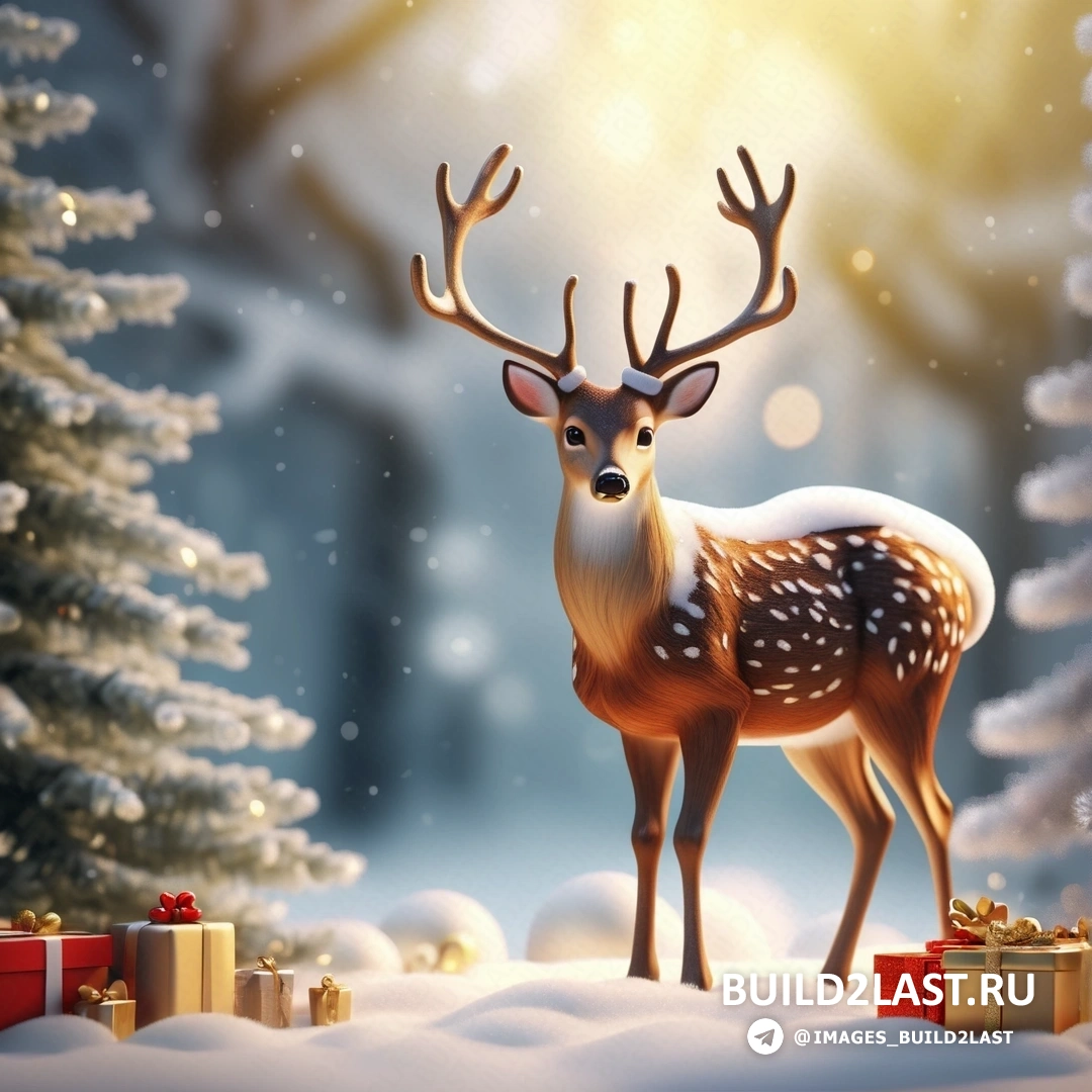 олень, стоящий на снегу с подарками под рогами и рождественской елкой