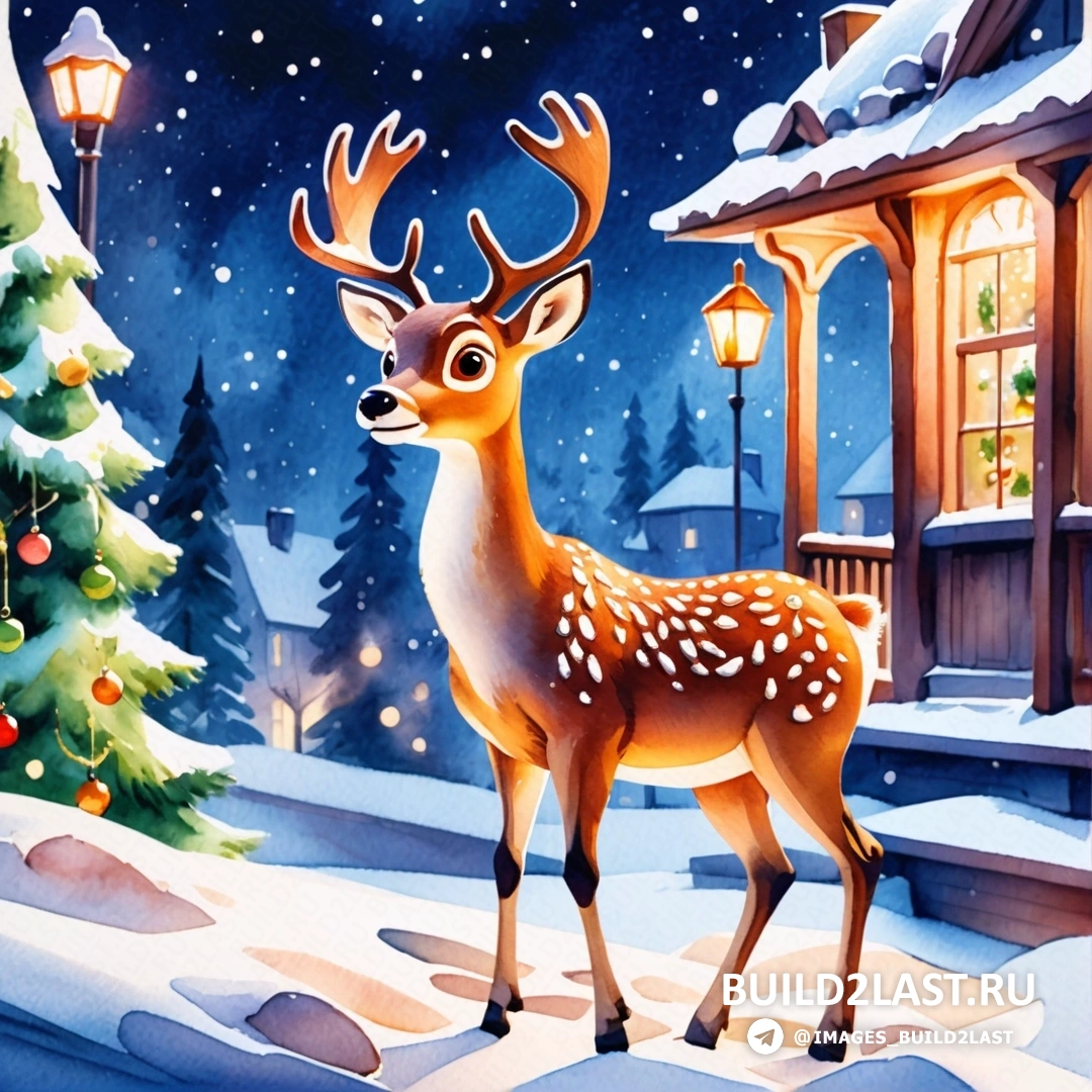 олень, стоящий перед рождественской елкой в заснеженном дворе с освещенным домом