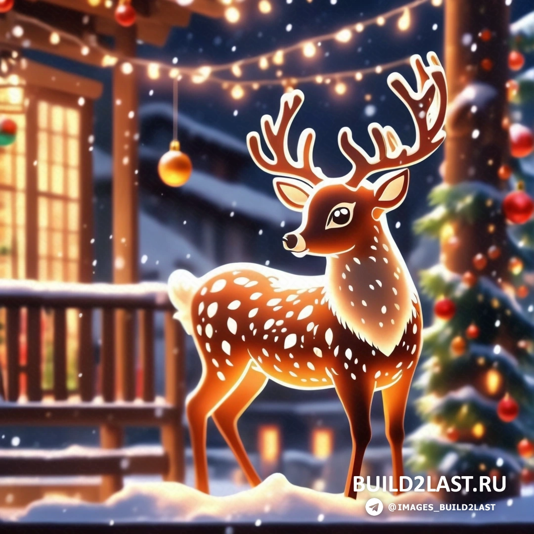 олень, стоящий перед рождественской елкой с огнями на ветвях и освещенным домом