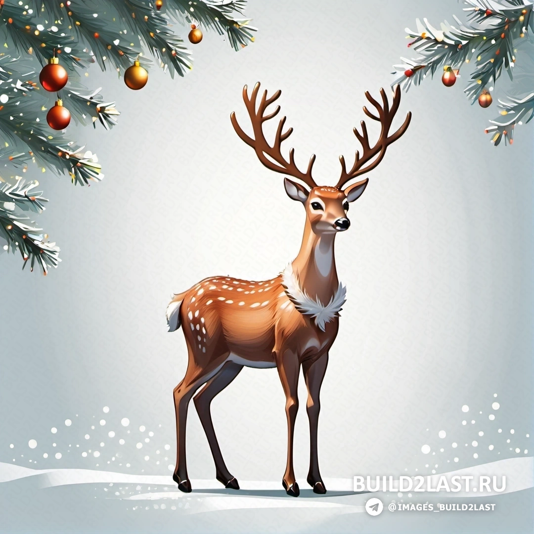 олень, стоящий в снегу под рождественской елкой с украшениями на ветвях и синим фоном