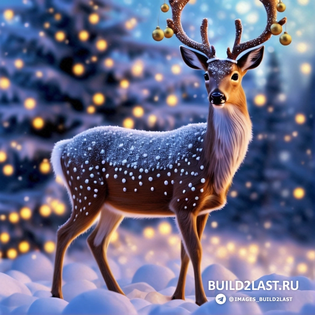 олень, стоящий в снегу, — рождественская елка с огнями на рогах