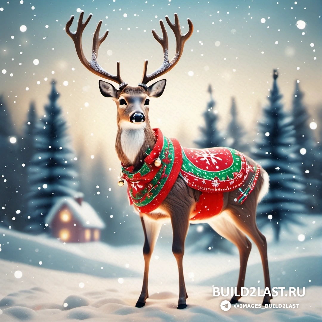 олень в рождественском свитере на снегу с рождественской елкой и домом