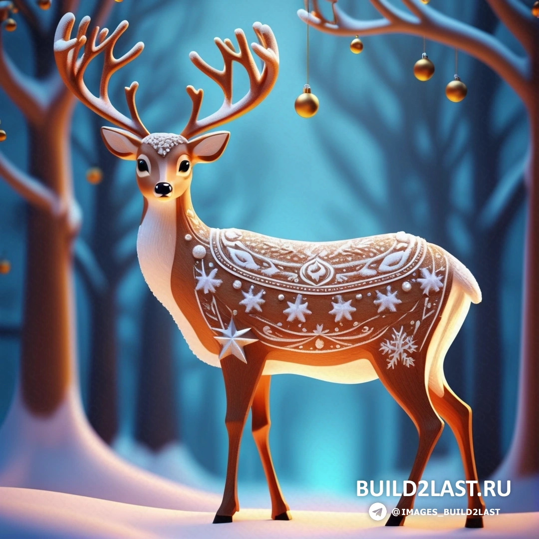 олень в свитере стоит на снегу перед лесом с рождественскими украшениями и безделушками