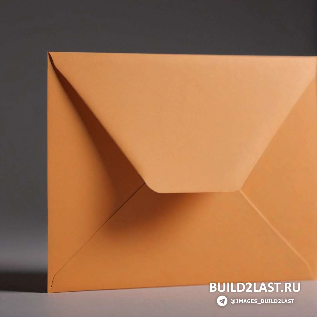 Буквенизм - 3D-рендер. Оранжевый конверт с отрезанным уголком на столешнице с серым фоном