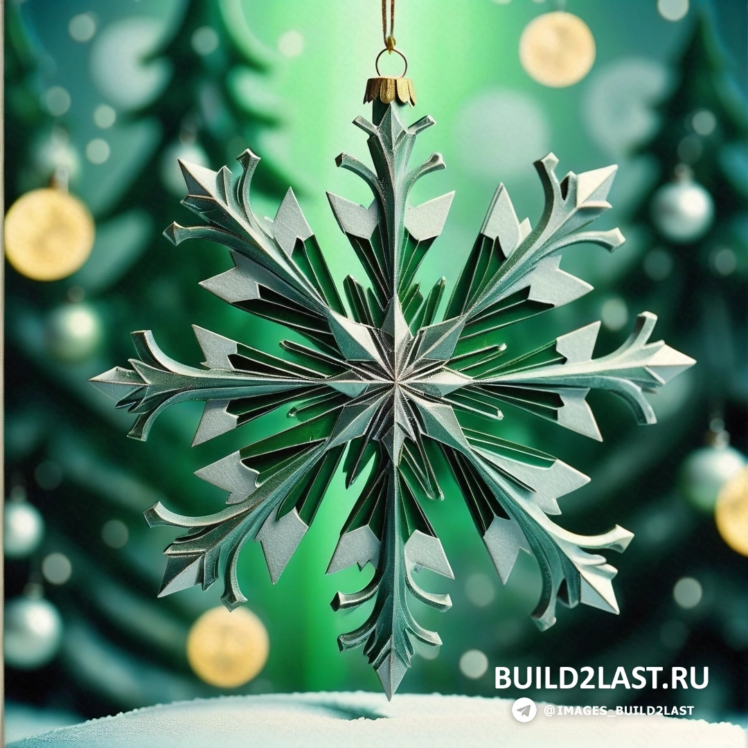 орнамент из снежинок, свисающий с веревки на ветке дерева с зеленым фоном и золотыми орнаментами