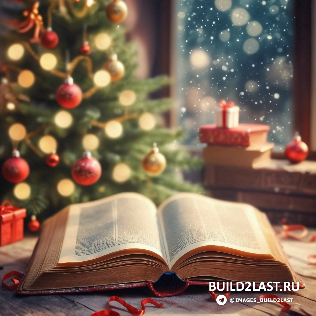открытая книга, лежащая на столе рядом с рождественской елкой, и рождественская елка с огнями 