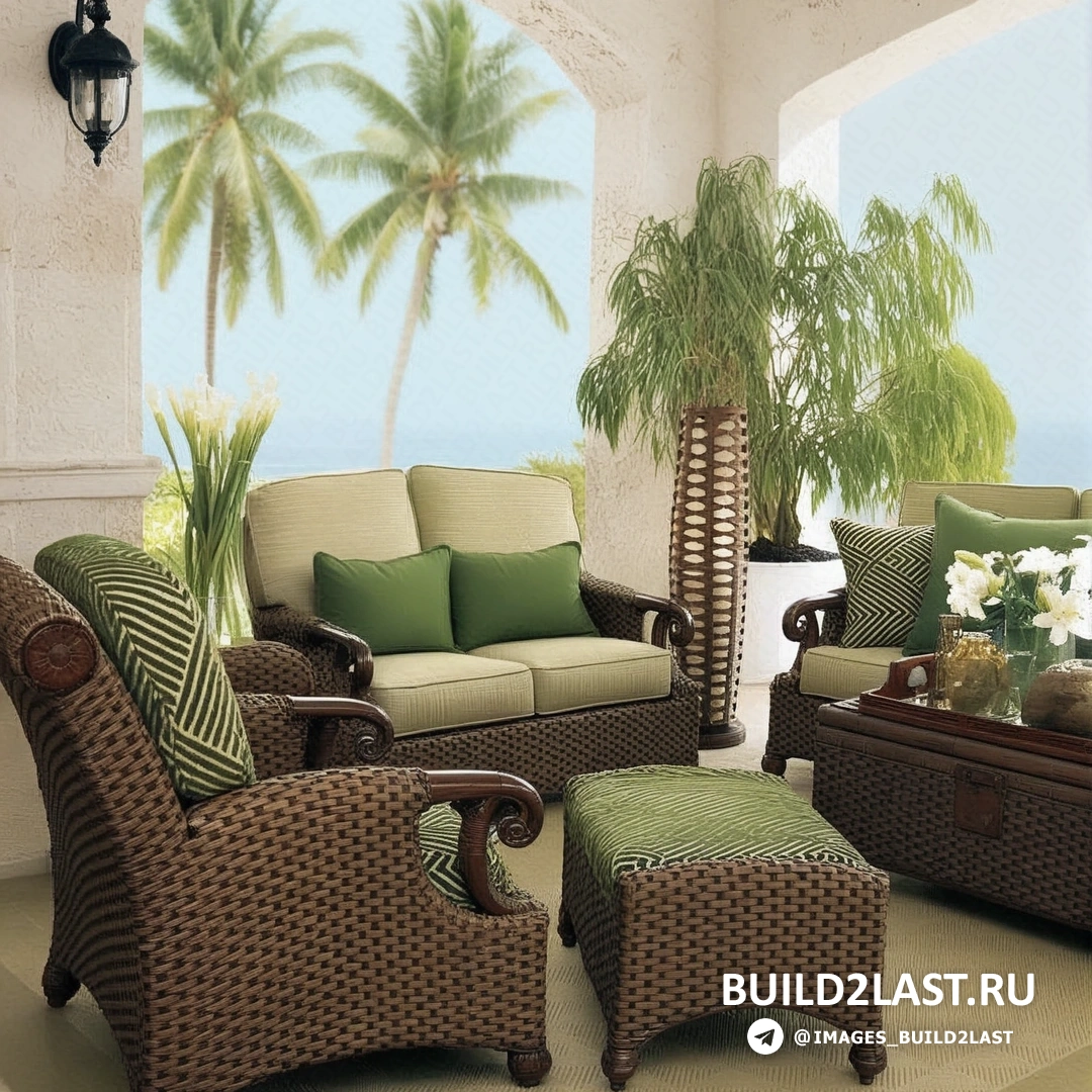 Уютная терраса с мебелью для вечера на свежем воздухе Открытая терраса с креслами и столом для вечернего отдыха