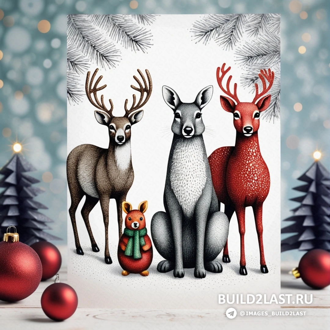открытка с тремя оленями и медведем рядом с рождественскими украшениями и сосной с огнями