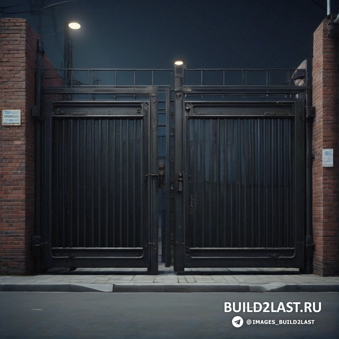 Фотореализм - визуализация с окклюзией окружающего пространства. Пара черных ворот, которые находятся рядом со зданием в ночное время с огнями на них и дорожным знаком