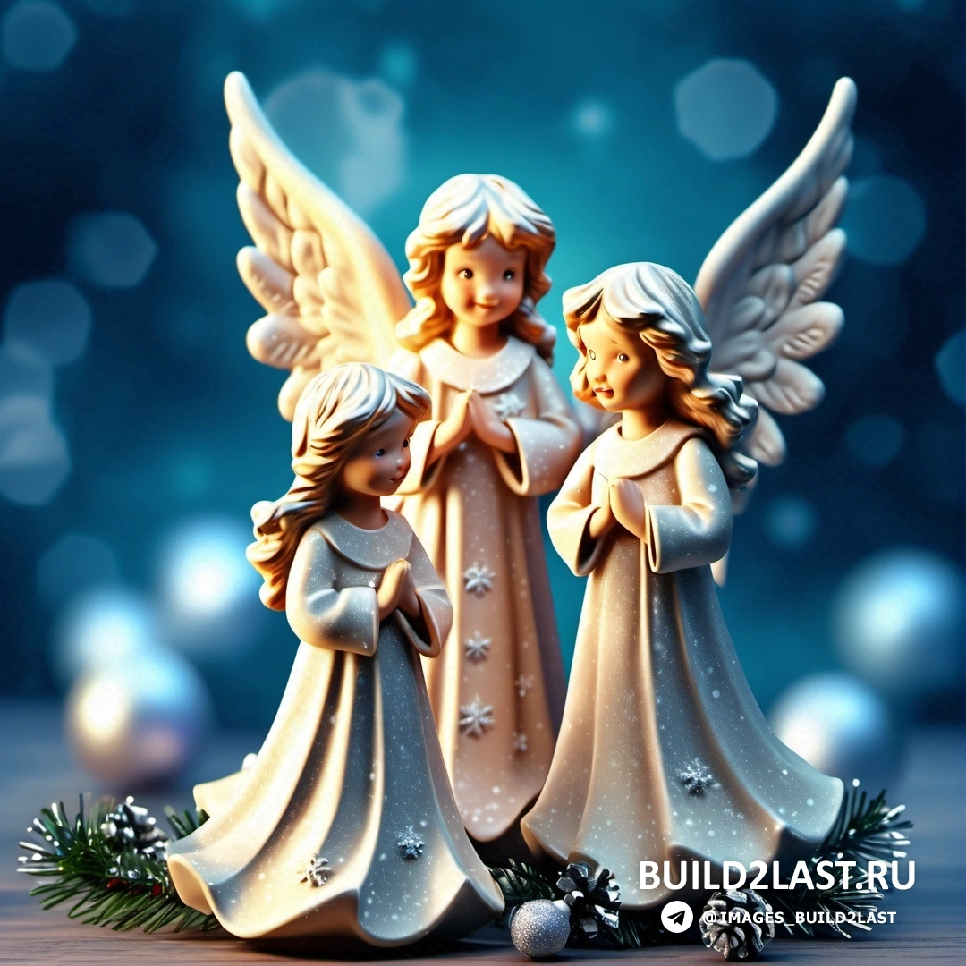 пара фигурок ангелов, стоящих рядом друг с другом на столе, с синим фоном и снежинками