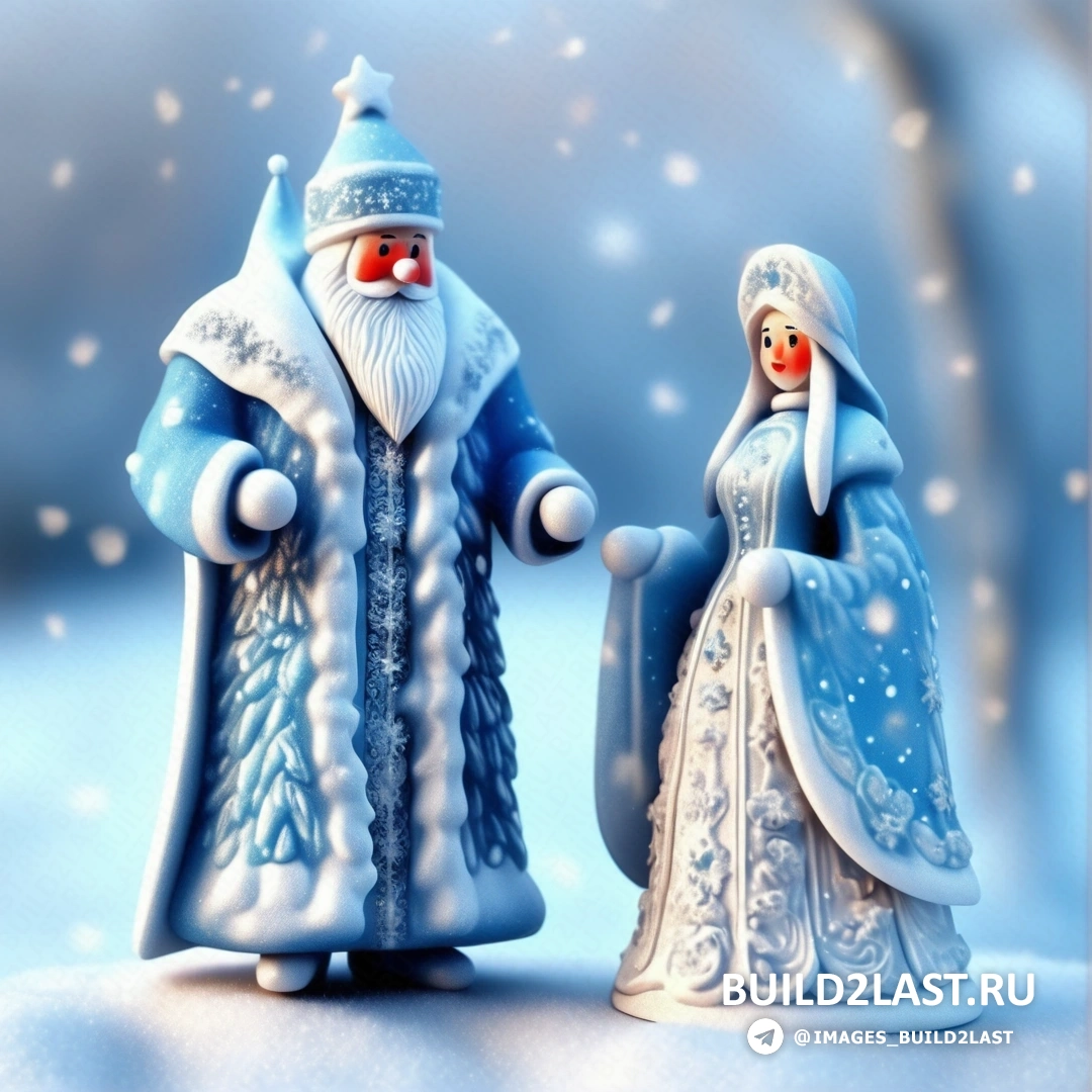 пара фигурок вместе стоят на снегу, одетые в синее и белое, с красным носом
