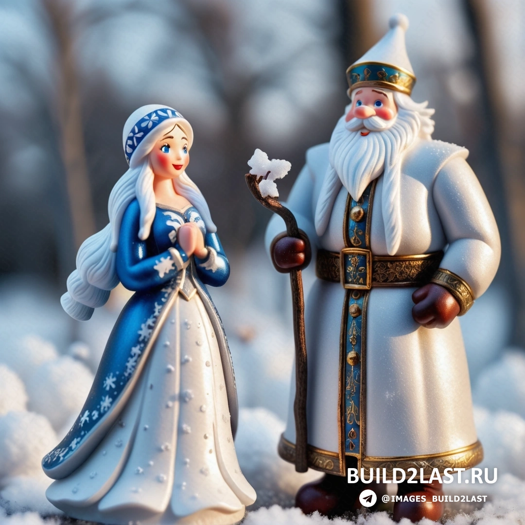 пара фигурок вместе стоят на снегу, одна держит цветок, а другая держит палочку