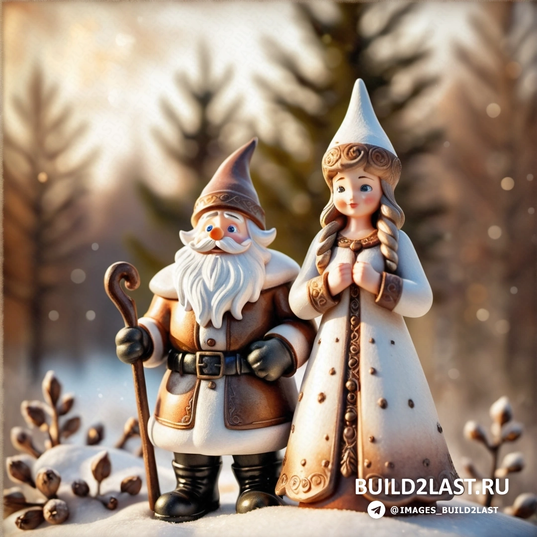 пара фигурок вместе стоят на снегу, держа в руках трость и шляпу