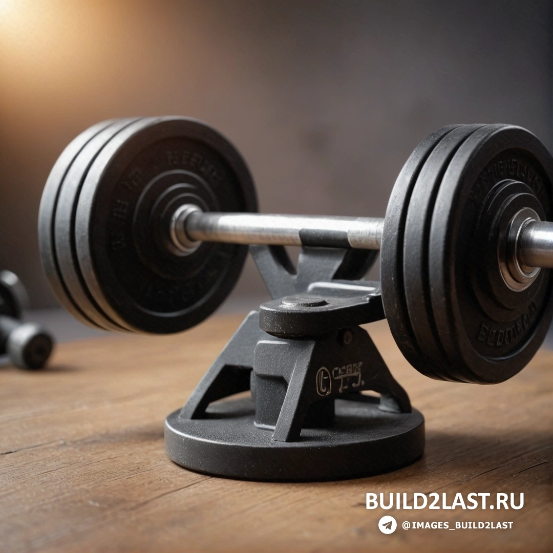 Фотореализм - 3D-рендеринг. Пара гантелей на деревянной столешнице с черной гантелью на заднем плане