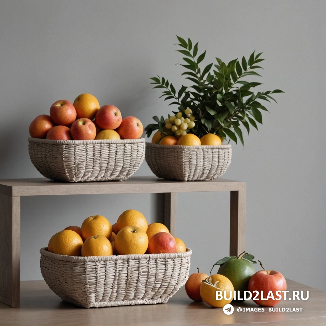Движение искусств и ремесел - натюрморт. Пара корзин с фруктами на столе рядом с растением и растением в горшке на полке