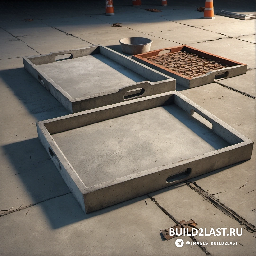 Бетонное искусство - 3D рендер. Пара подносов, стоящих вместе на земле, со строительными конусами на заднем плане.
