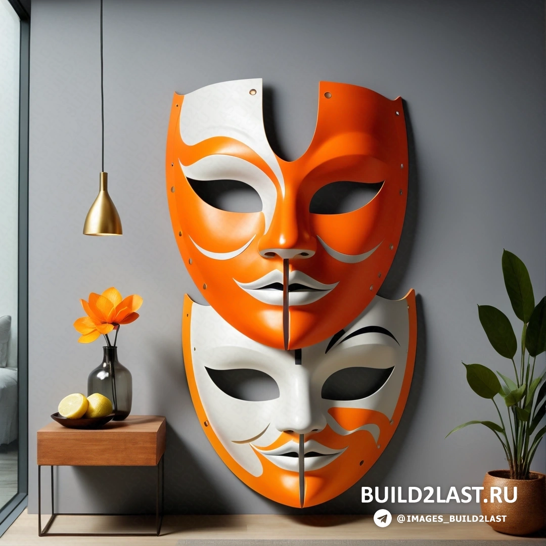 Кинетический арт - 3D рендер. Пара масок на стене рядом с вазой и лампой на столе.