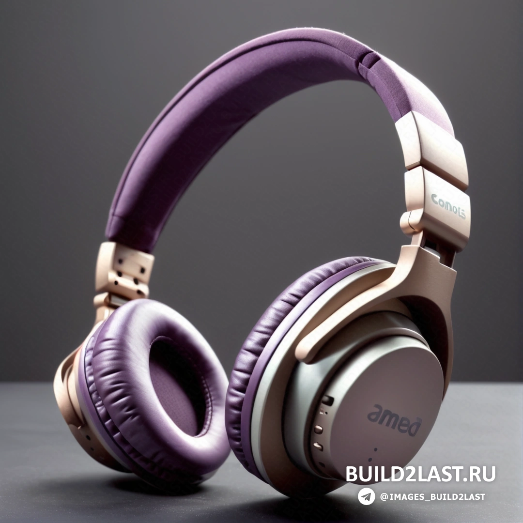 Панфутуризм - 3D рендер. Пара наушников с фиолетово-золотой цветовой гаммой на верхней части.
