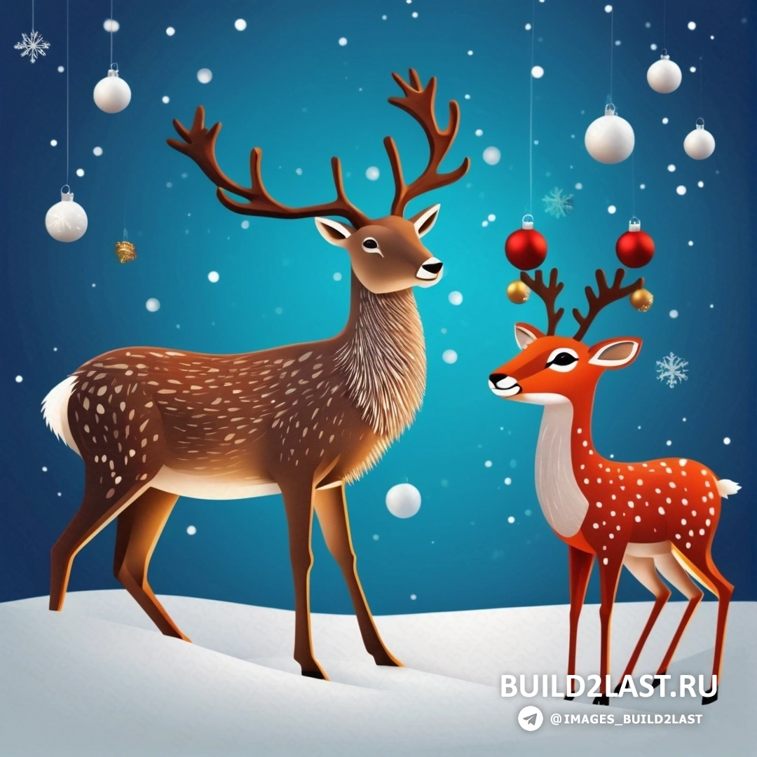 пара оленей, стоящих рядом друг с другом на заснеженном поле с рождественскими шарами, свисающими с потолка