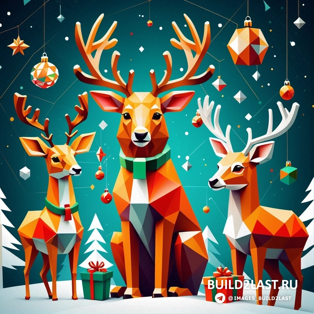 пара оленей, стоящих рядом друг с другом на заснеженной земле с рождественскими украшениями и шарами, свисающими с потолка
