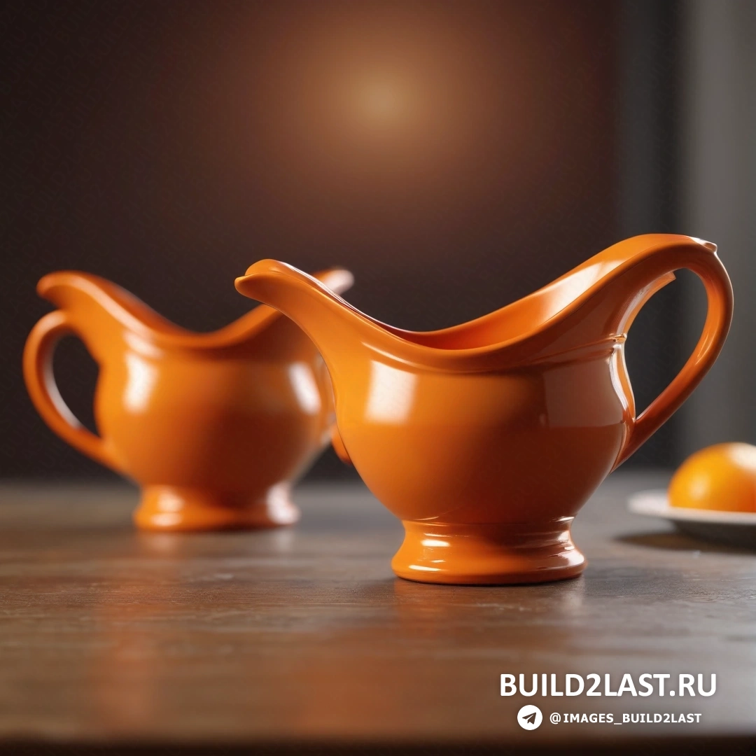 Фотореализм - 3D-рендер. Пара оранжевых кувшинов на столе рядом с апельсиновой долькой фруктов на тарелке