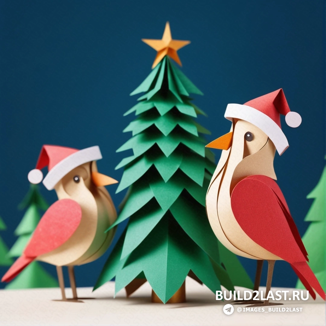 пара птиц на деревянном столе рядом с рождественской елкой со звездой на вершине