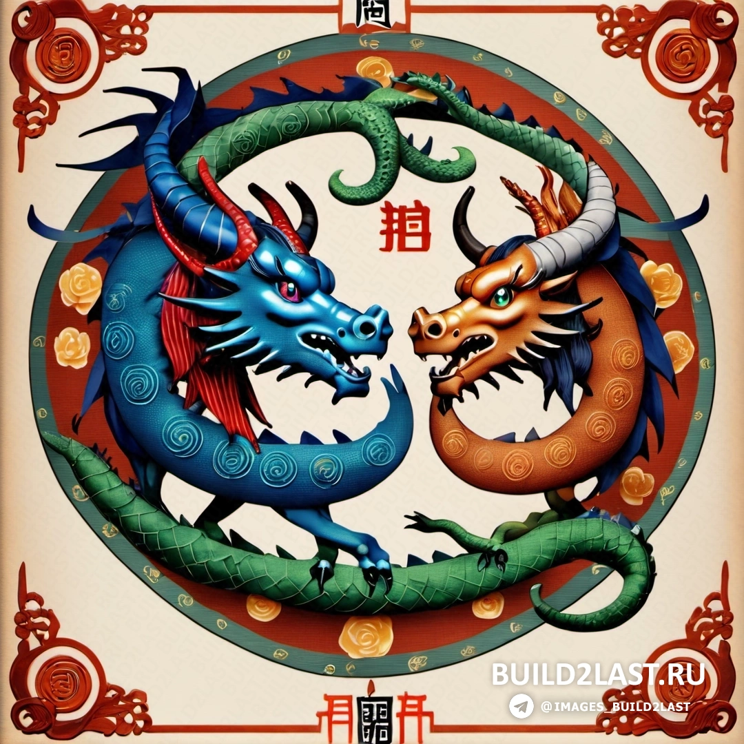 пара синего и красного дракона на белом фоне с китайскими иероглифами и красным драконом по другую сторону