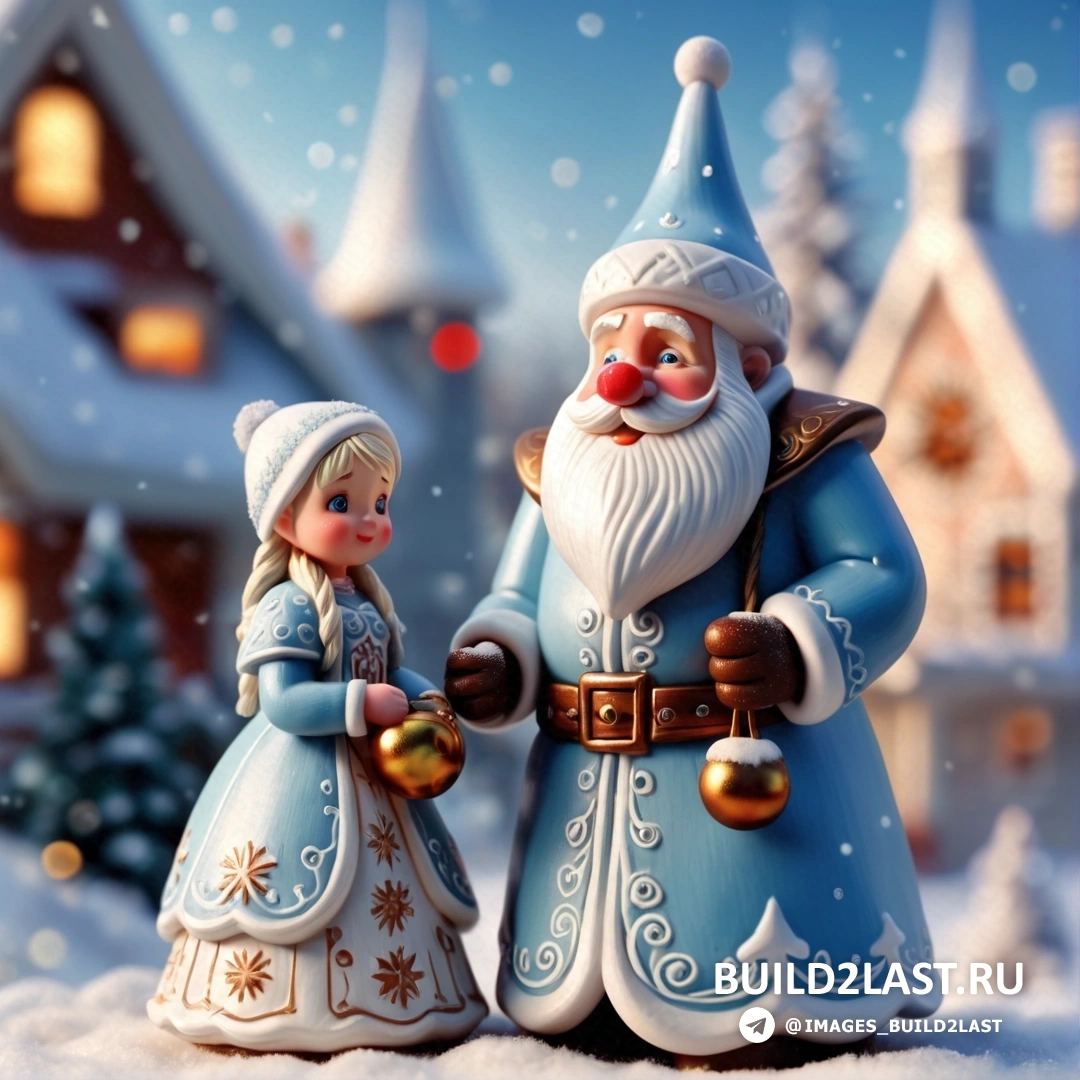 пара статуэток, стоящих рядом друг с другом на снегу возле дома с рождественской елкой