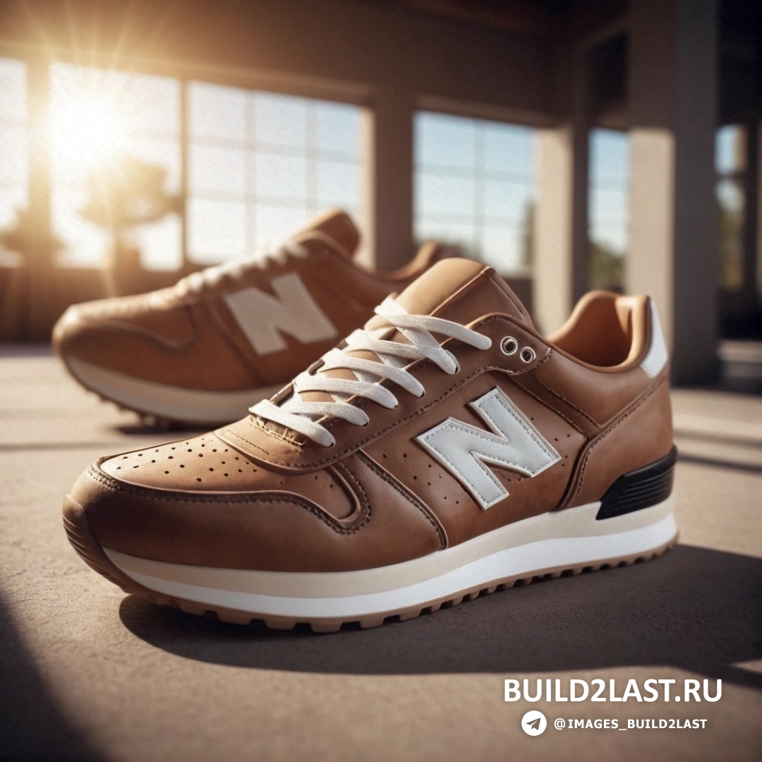 Натурализм - 3D-рендер. Пара туфель new balance на полу перед зданием с окнами и солнечным светом, льющимся через окна