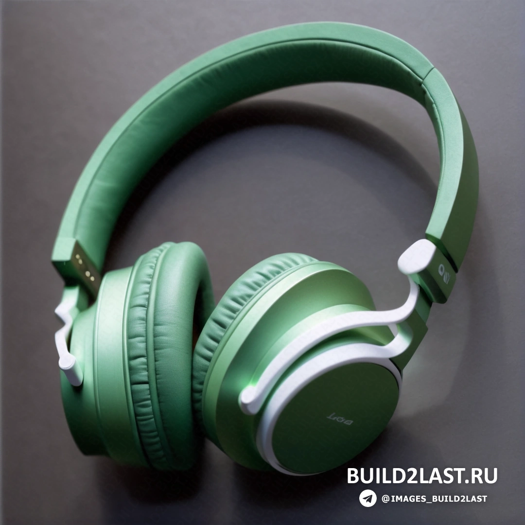 Рококо - 3D рендер. Пара зеленых наушников на столешнице рядом со стеной на сером фоне.