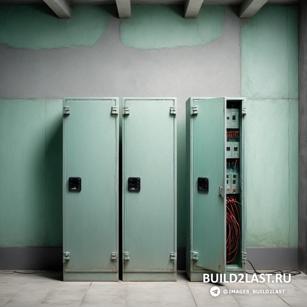 Постминимализм - стоковое фото. Пара зеленых шкафчиков в комнате рядом друг с другом на кафельном полу с проводами