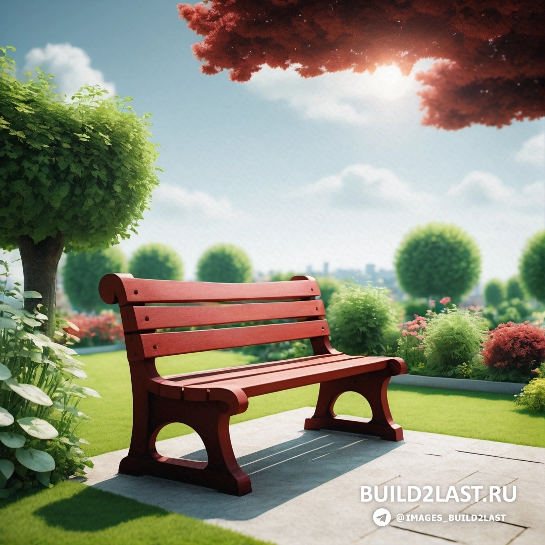 Фотореализм - рендер Ambient occlusion. Скамейка на тротуаре в парке с деревом и кустами на заднем плане