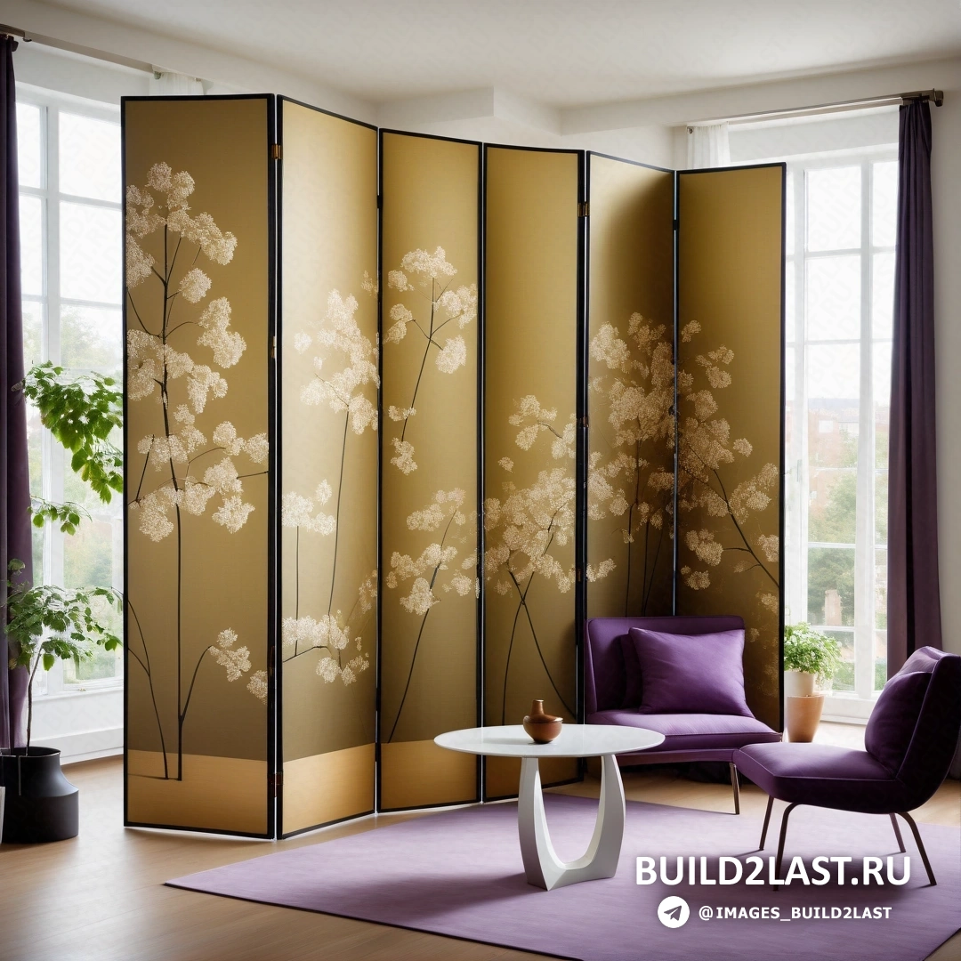 Современная европейская живопись тушью - цифровой рендеринг. Перегородка с цветочным узором и фиолетовый стул перед ней.