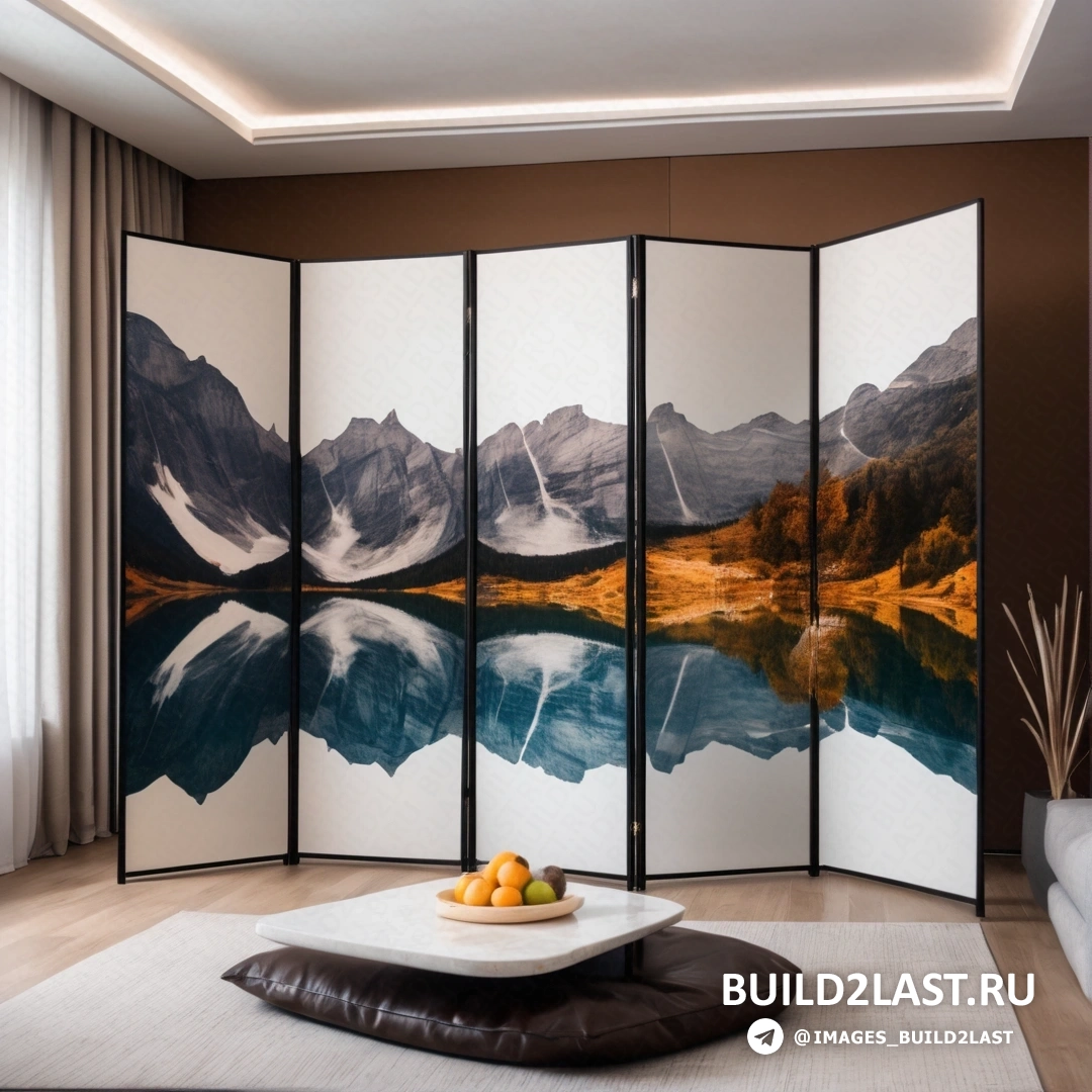 Современная европейская живопись тушью - 3D рендеринг. Перегородка с изображением гор и озера на заднем плане.