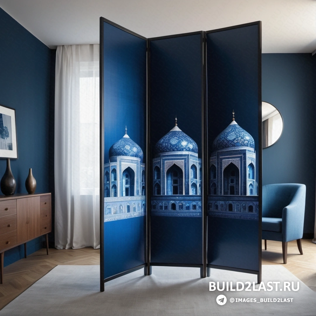 Перегородчатость - сверхтонкая детальная живопись. Перегородка с изображением мечети в синей комнате.