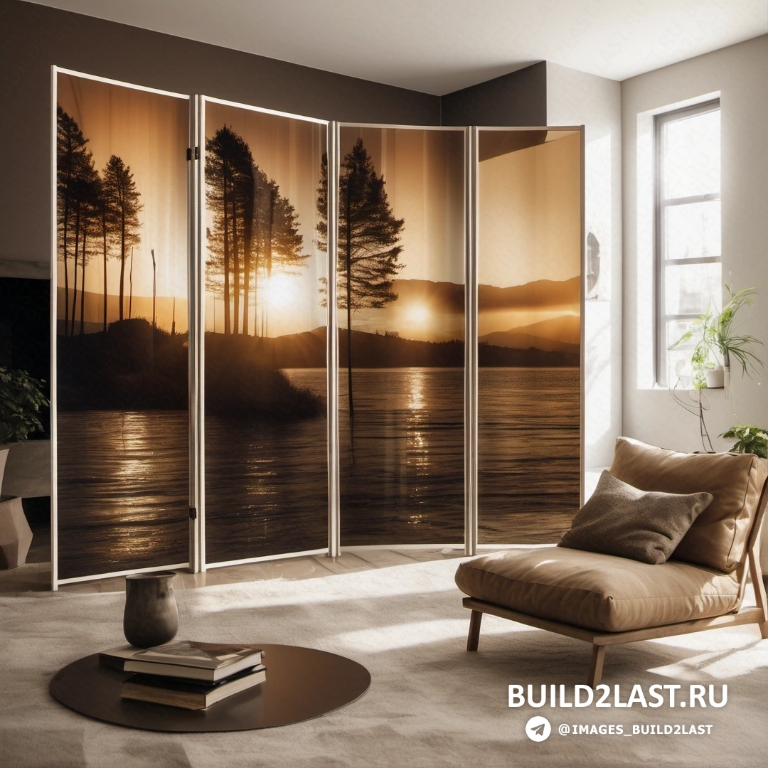 Свет и пространство - детальная матовая покраска. Перегородка с изображением заката и деревьев в гостиной со стулом