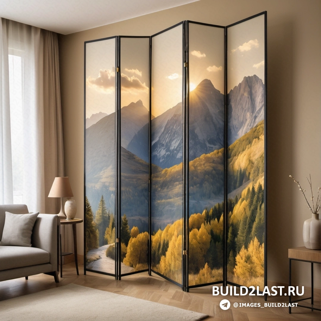 Неоромантизм - детальная матовая живопись. Перегородка с нарисованным на ней живописным горным пейзажем и диваном перед ней.