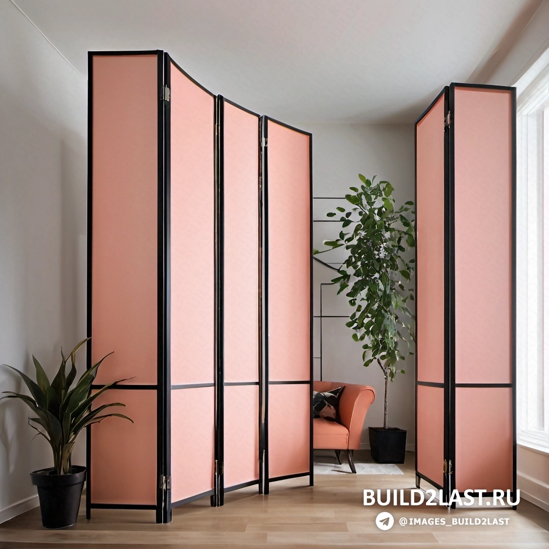 Китчевое движение - 3D рендер. Перегородка с растением в горшке и стулом в углу комнаты.