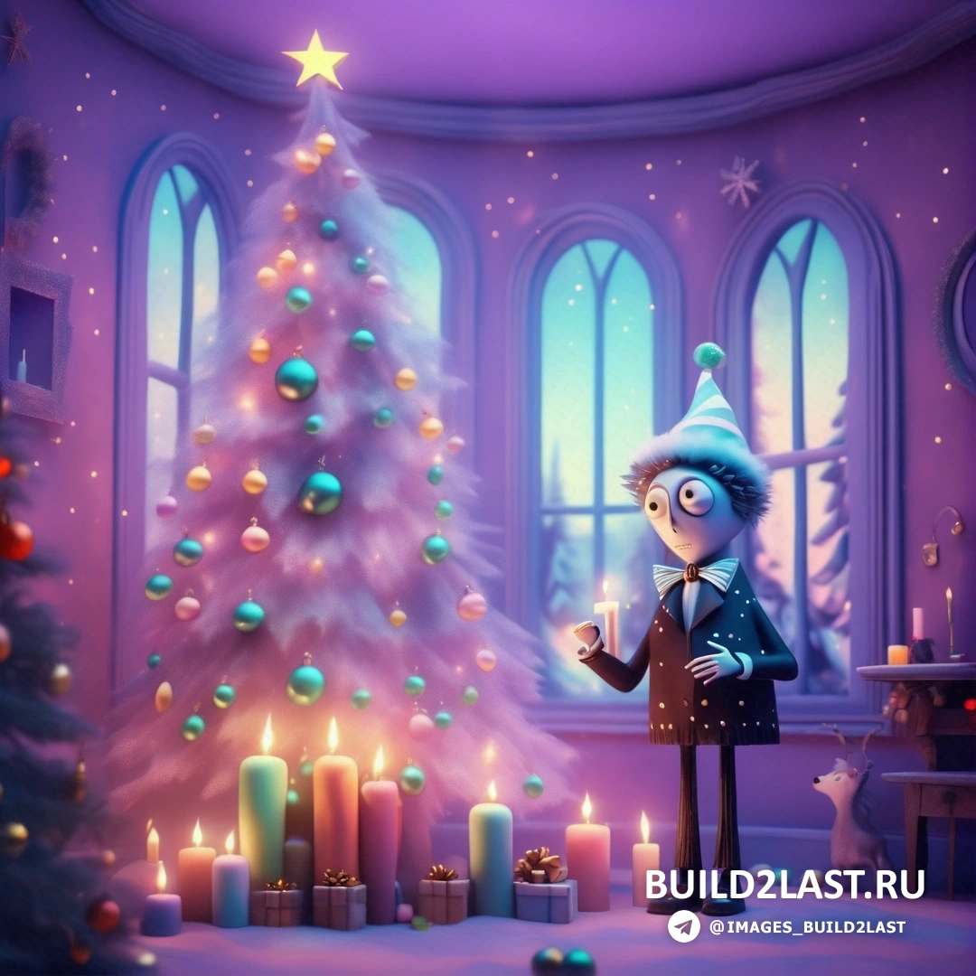 персонаж мультфильма, стоящий перед рождественской елкой со свечами перед ней
