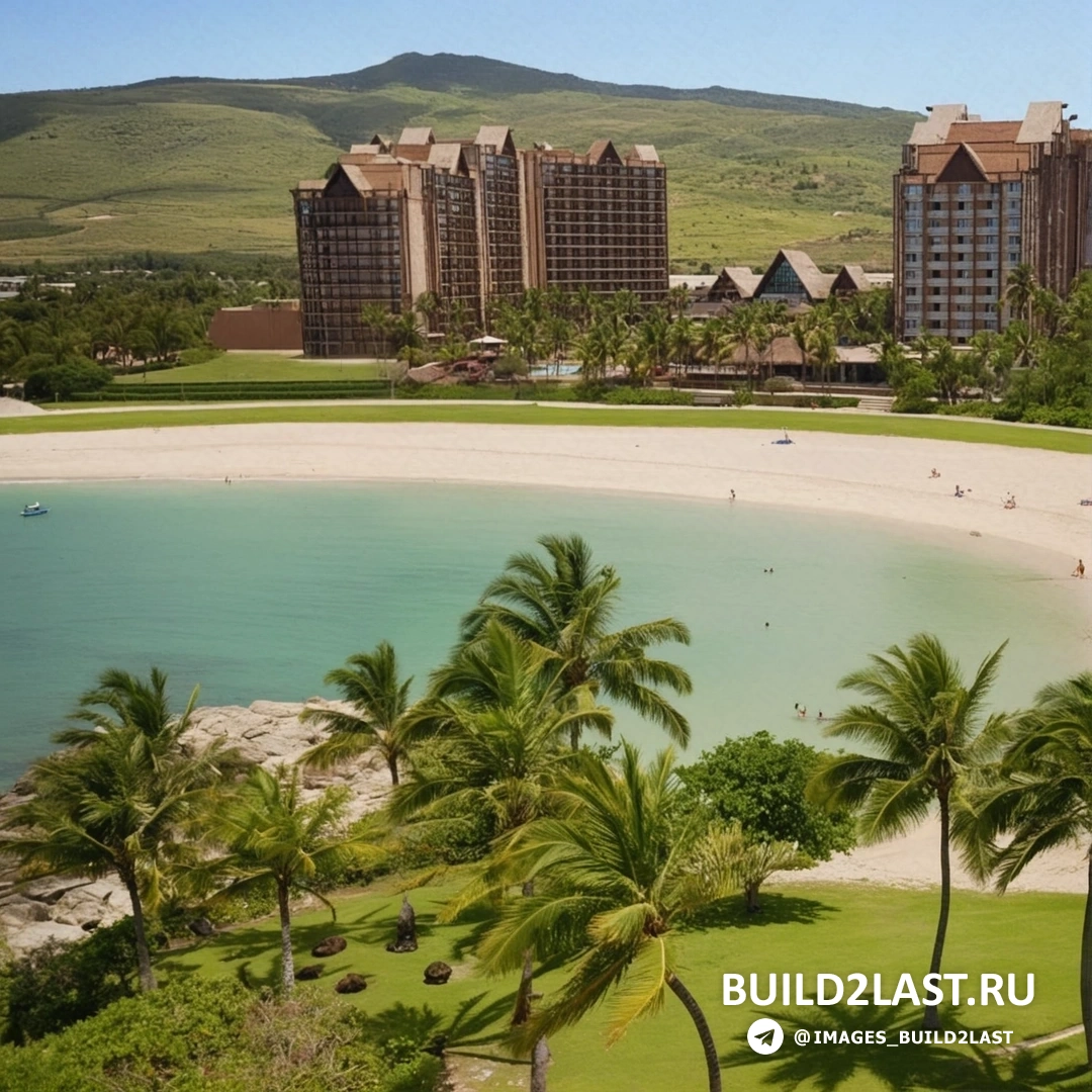 Райский отдых в Aulani a Disney Resort & Spa, Гавайи, США, природа и отель. Пейзаж с природой и отелем в стиле тропиков на Гавайях.